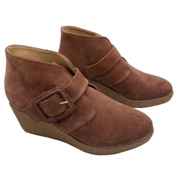 Jack Rogers Y2K Brown Suede Wedge Ankle Booties Size 7.5 Buckle "Izzy" Premium - Picture 1 of 4
